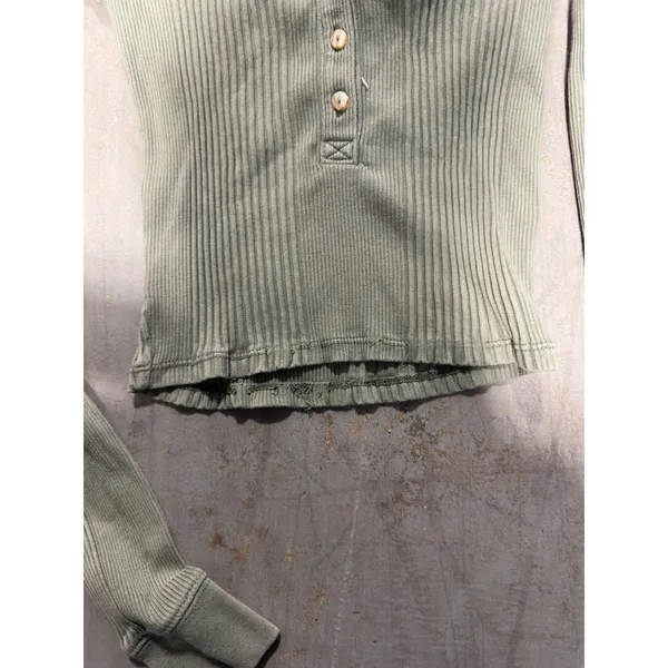 Aerie Womens Olive Green Ribbed Long Sleeve Henley Collar Top XS - Image 3
