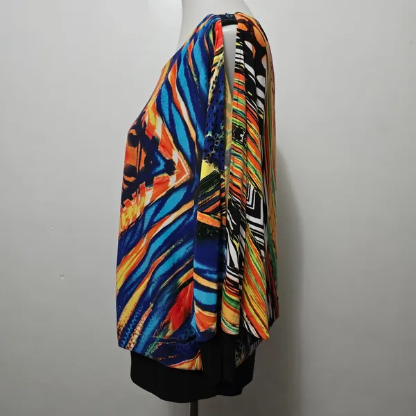 Bali M Multicolor Abstract Cold Shoulder Split Sleeve Top Lagenlook Avante Garde - Image 4