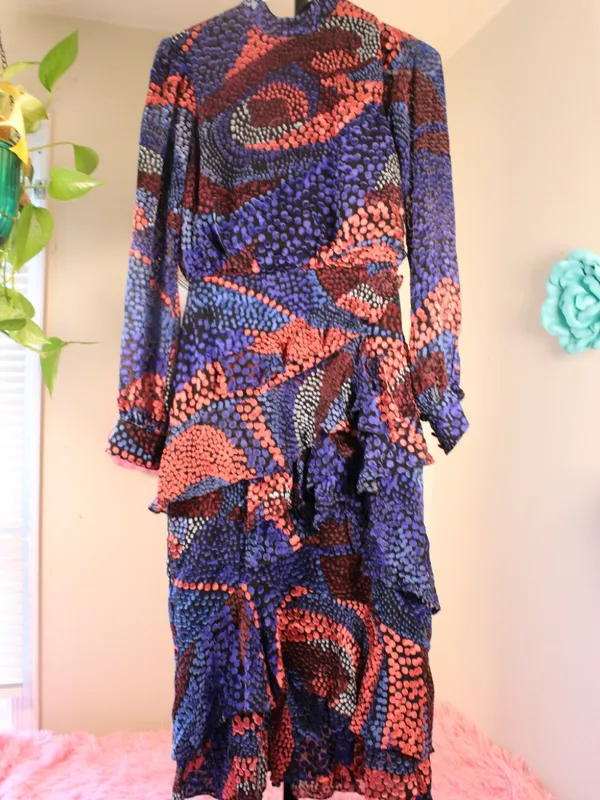 SALONI Blue Isa Ruffle Velvet Burnout Midi Dress US 2 UK 6 MSRP $850 - Image 3