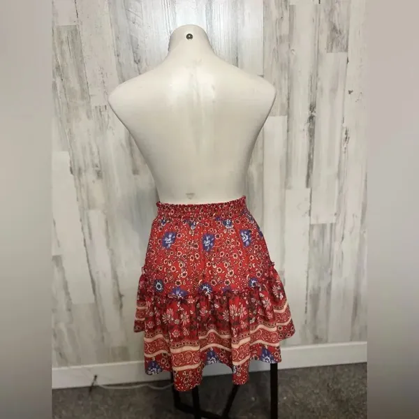 Red Boho Floral Ruffle Skirt Womens Medium Elastic Waist Tiered Mini Skirt - Image 3