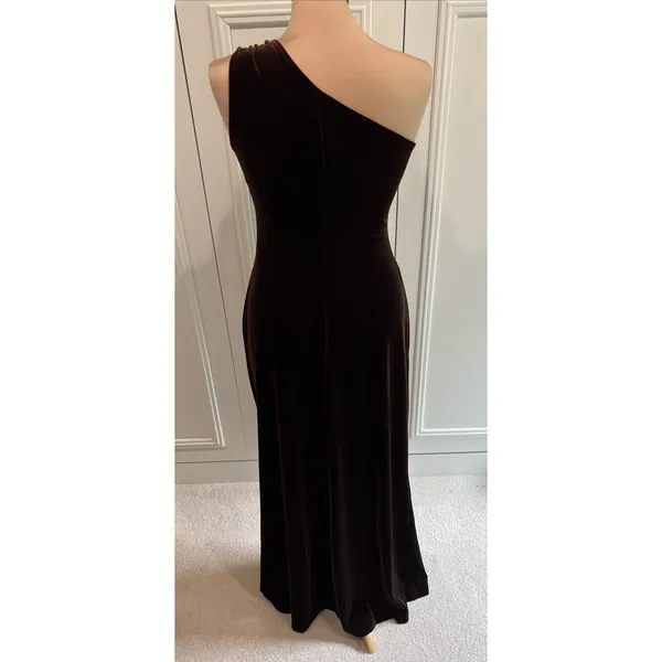 Patra Chocolate Brown Velvet One Shoulder Formal Dress Old Hollywood Elegant - Image 4