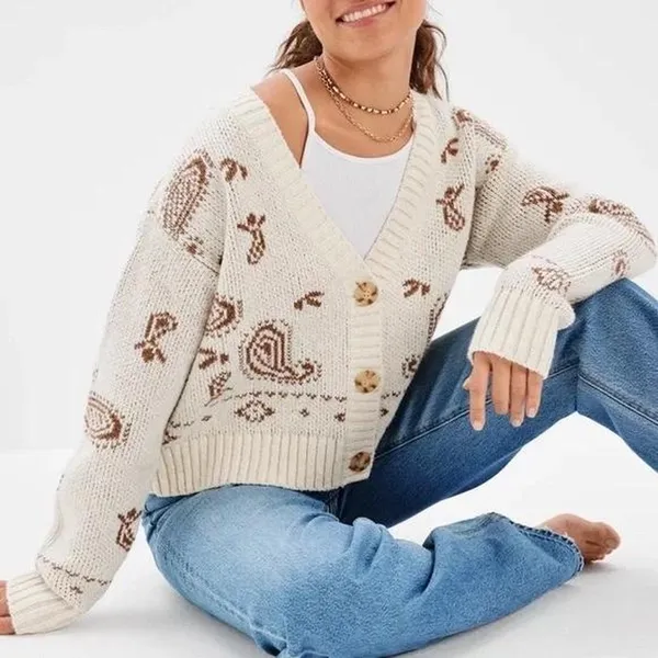 American Eagle Women's Cream and Brown Cardigan Size XS - Image 3