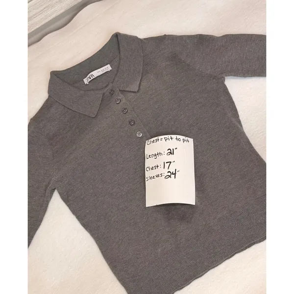 Zara Gray Marl Knit Wool Blend Polo Sweater S Long Sleeve Collared Lightweight - Image 5