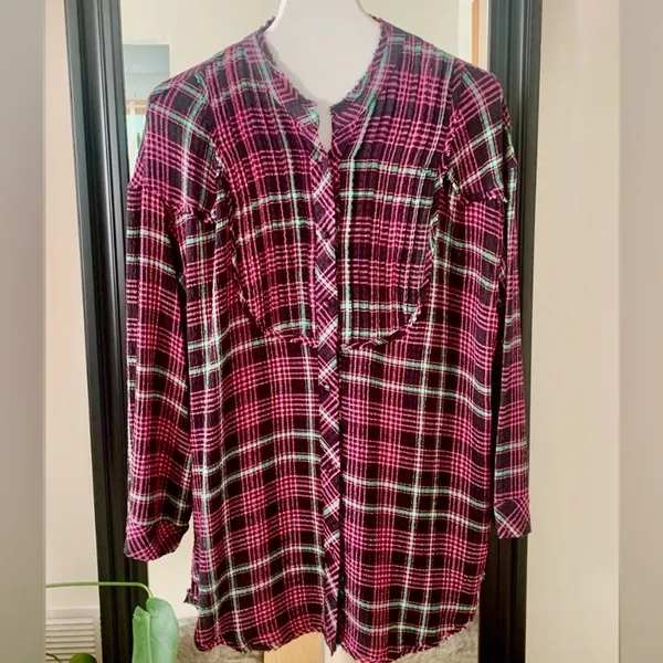 FREE PEOPLE Plaid Purple and Black Long Sleeve Shirt - Image 3