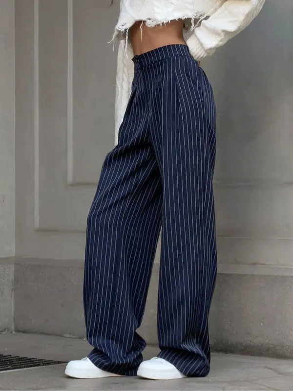 ✨Commense Pinstripe Pleated Wide-Leg Navy Sz Small Pants✨ - Image 4