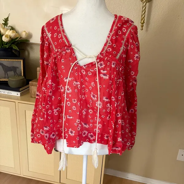 FREE PEOPLE Never A Dull Moment Blouse Cotton Red Floral Size‎ Small Boho - Image 3