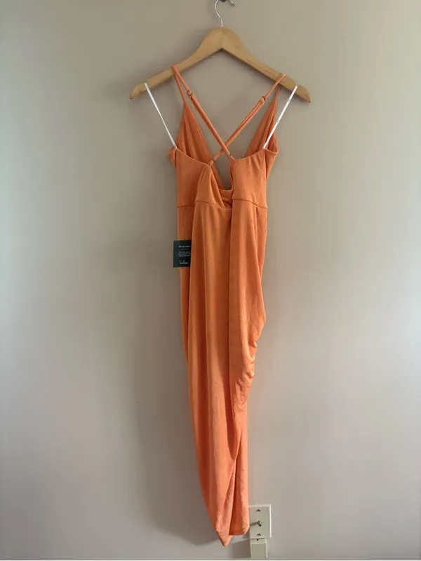 Lulus Dreamy Date Orange Surplice Midi Dress Size Small Sleeveless Sexy Mobwife - Image 4