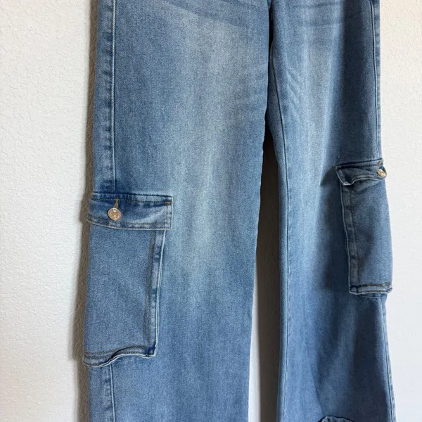 Edikted‎ Womens Wide Leg Cargo Jeans Blue Medium Wash High Rise Utility Size S - Image 4
