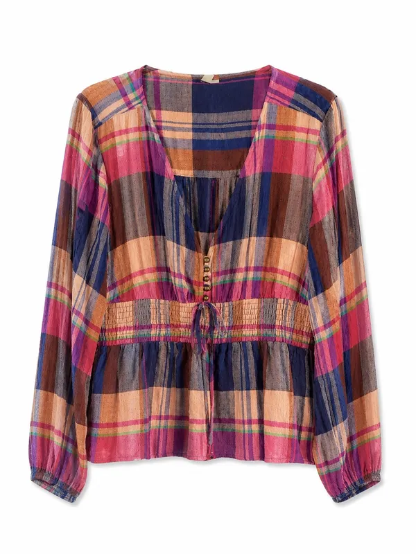 Anthropologie Pilcro Blouse Womens Large Pink Navy Plaid Smocked Waist V-Neck - Image 4
