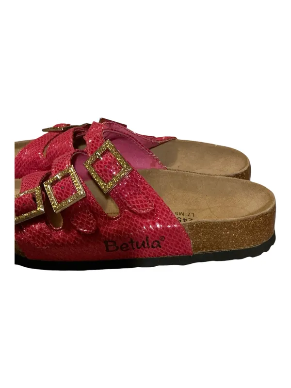 Betula by Birkenstock Hot Pink Snakeskin 3-Strap Rhinestone Sandals Size 7 - Image 4