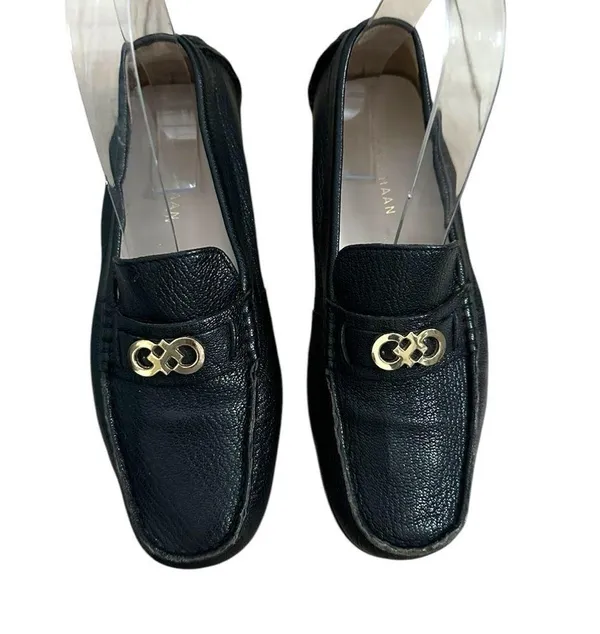 Cole Haan Shelby II Tumbled Leather driving Loafers Gold CH Logo Size 5.5 Black - Image 3