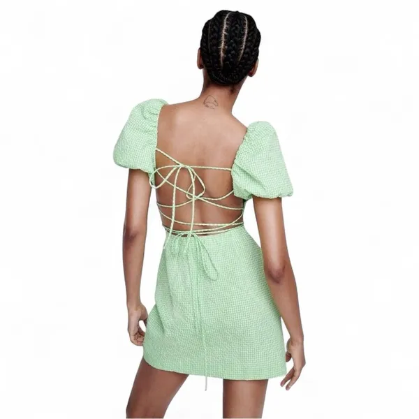 Zara Green Gingham Puff Sleeve Mini Dress Cottagecore Lace Back Medium Backless - Image 9