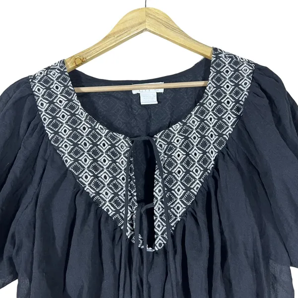 Life Embroidered Geometric Peasant Crop Top Black Boho Puff Sleeve Size L - Image 2