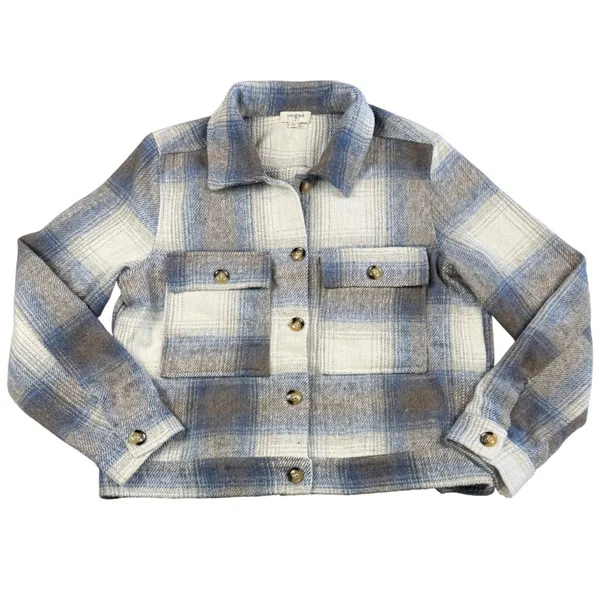 Umgee Shacket Women Small Blue Plaid Button‎ Up Long Sleeve Cropped Jacket - Image 2