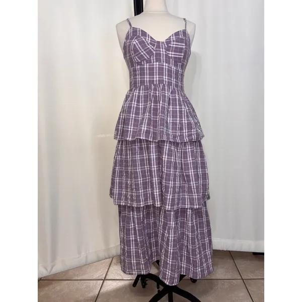 Lulus Purple Plaid Tiered Midi Dress Small Cottage Bustier Women Flair Sundress - Image 14