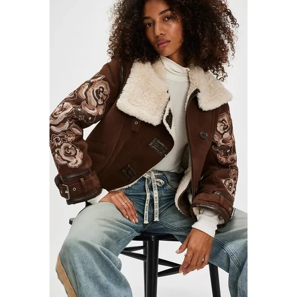 Free People Andies Vegan Moto Jacket Embroidered Floral Brown Bear Small NWT‎ - Image 13