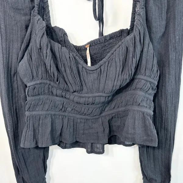 Free People Medium Top Chloe Long Sleeve‎ Smocked Black Regency Romantic 1296 - Image 7