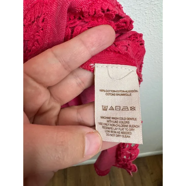 Free People Pink‎ Crochet Lace Trim Short Sleeve Boho Knit Top Women Medium - Image 5