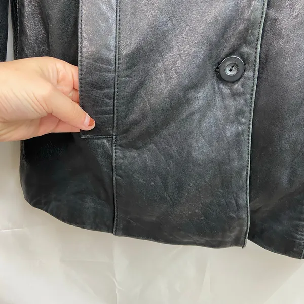 Vintage JLC women's black genuine leather collared button‎ pocket lined jacket M - Image 5