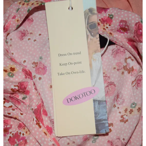 Dokotoo Floral Mini Dress Womens Small Pink NWT Boho Tassel Tie Neck Babydoll - Image 5