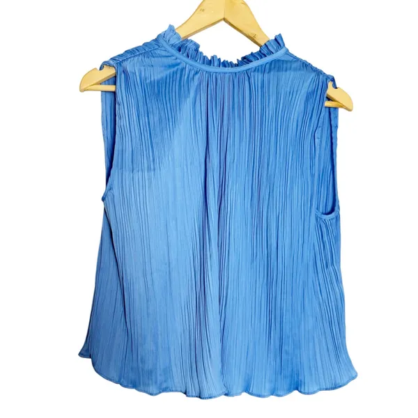 Zara Solid Blue Plisse Pleated Ruffle Neck Sleeveless Blogger Office Top Size XS - Image 2