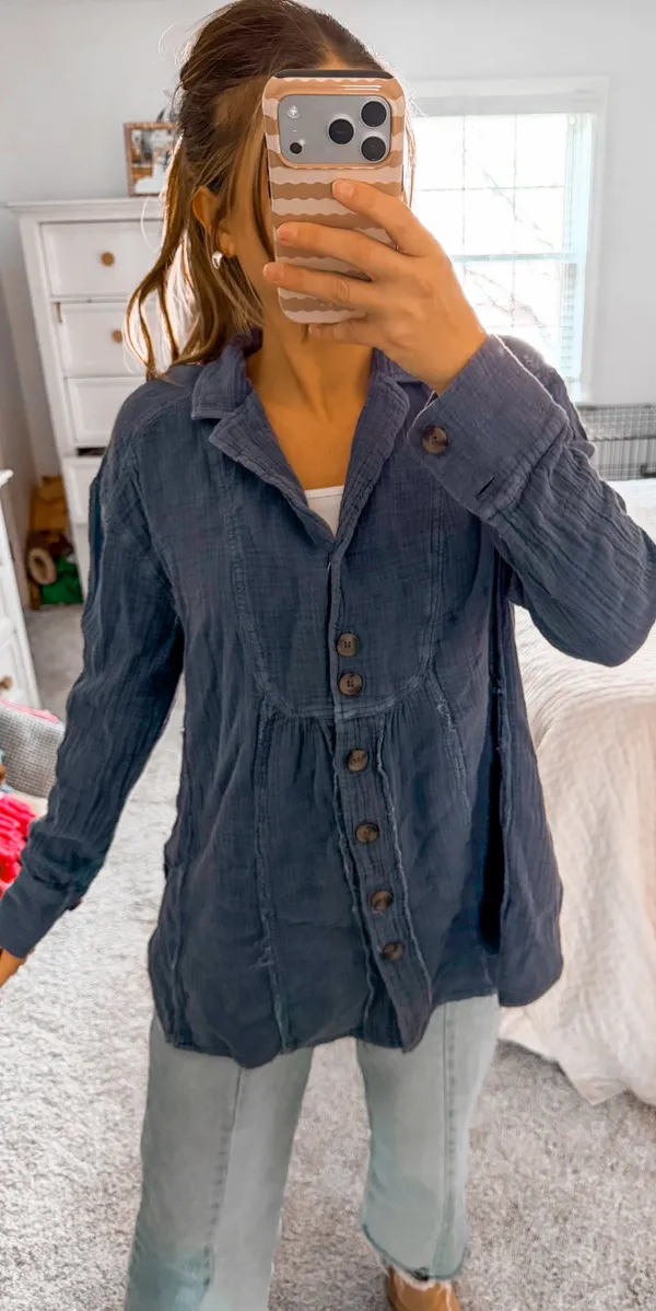 Free People Blue textured button up Long sleeve - Image 2