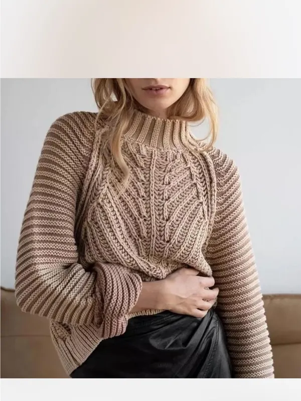 Free People Tan Knitted Chunky Cropped Sweater, Medium - Image 2