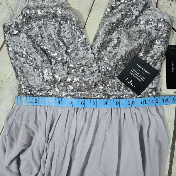 Lulus Elegant Encounter Pewter Sequin Maxi Dress Silver Grey V-Neck Gown Small - Image 12