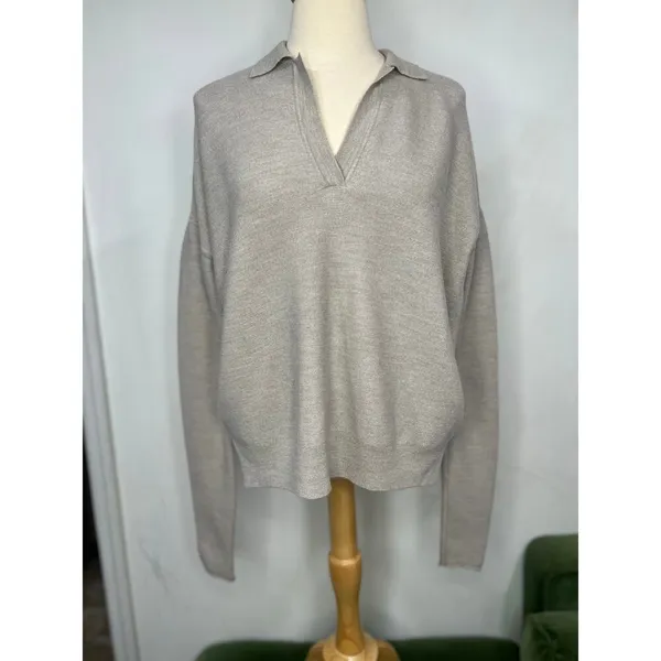 Womens Minimalist Quiet Luxury Cashmere Polo Sweater Preppy Beige XS S - Image 3