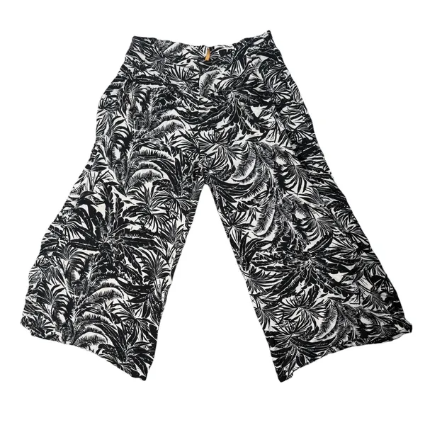 Womens M Black White Tropical Print Wide Leg Palazzo Pants Pull On Beach Resort - Image 5