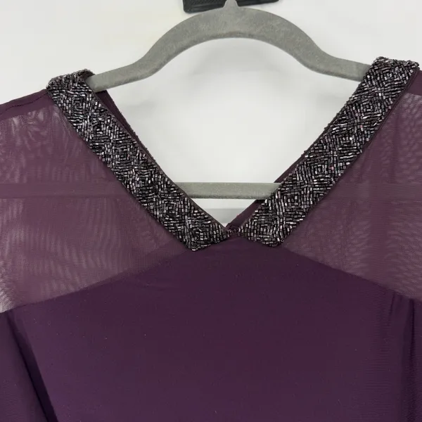 Lauren Ralph Lauren Purple Beaded Mesh V-Neck Ruched Sheath Dress‎ 10 Party - Image 3