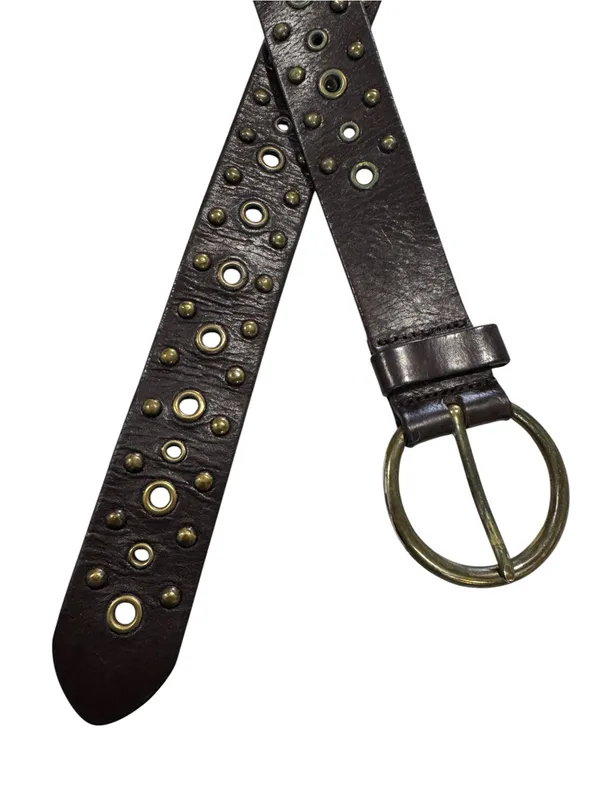 Fossil Dark Brown Genuine Leather Eyelet Studded Belt Round Brass Buckle - Image 4