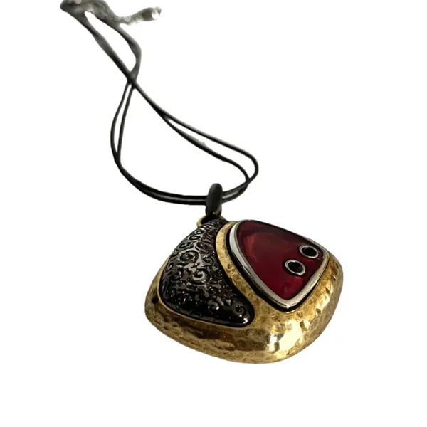 Chico's Abstract Geometric 90s Enamel Pendant Necklace Y2K Boho Leather Strap - Image 3