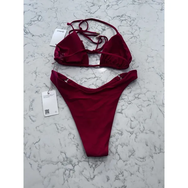 NWT Quince Cherry Red Italian Triangle Bikini Top & High Leg Ring Bottom Small - Image 2