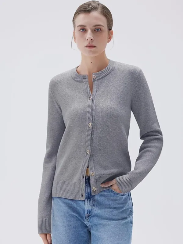 Women’s S Gray Cashmere Blend Cardigan Sweater Gold Knot Buttons Quiet Luxury - Image 4