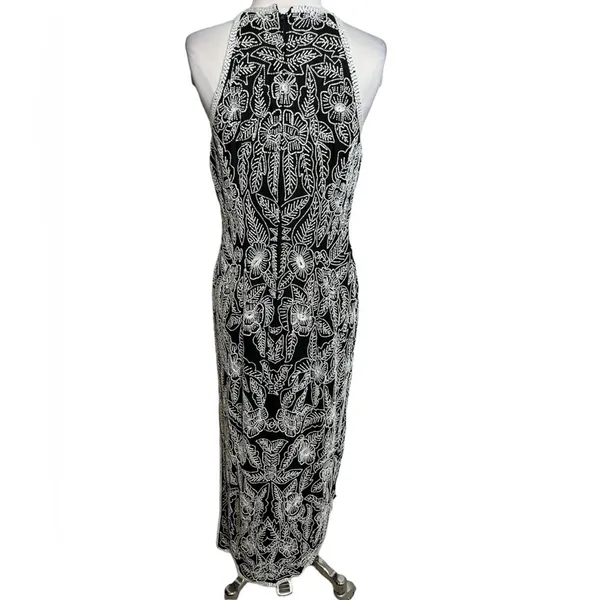 Vintage Stenay silk beaded sequin gown‎ maxi with slit black white Sz 8 - Image 2