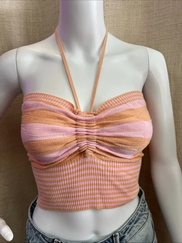 Le lis Striped Pink & Peach Halter Crop Top - Image 2