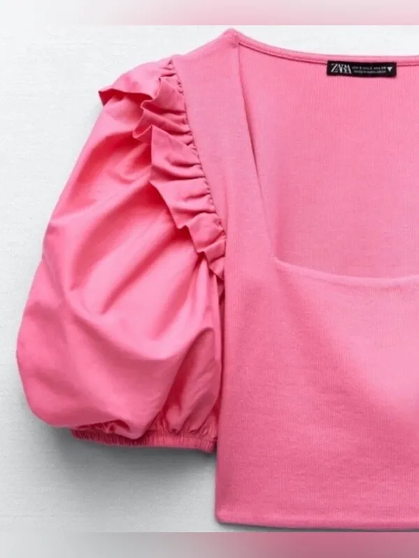 ZARA Hot Pink Puff Sleeve Square Neck Ribbed Crop Top - Image 4
