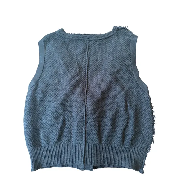 Free People Black Cable Knit Sweater Vest V-Neck Button Front Frayed Edge Large - Image 2