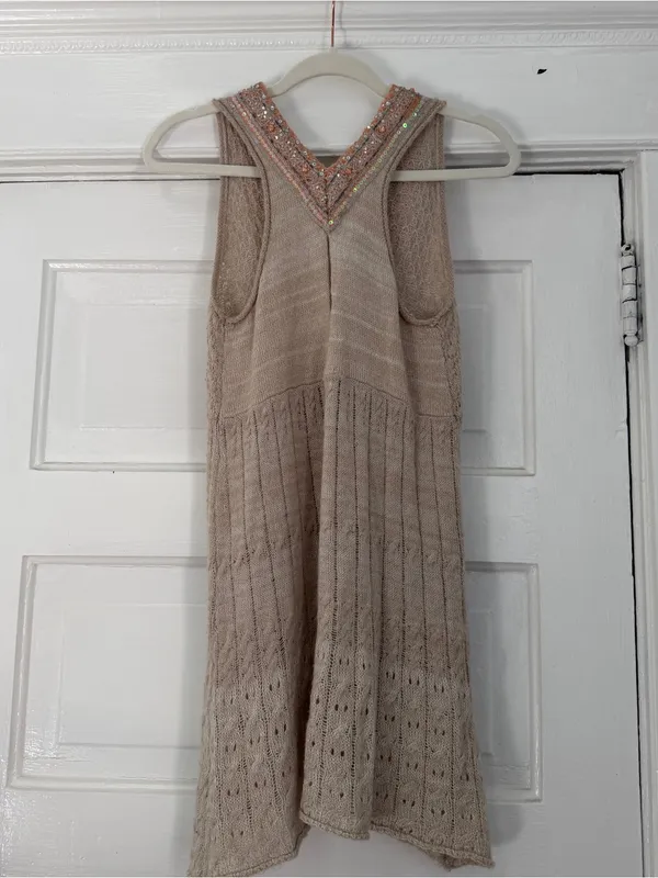 Free People Beaded Knit Mini Dress in Beige with Sequin Trim - Image 4