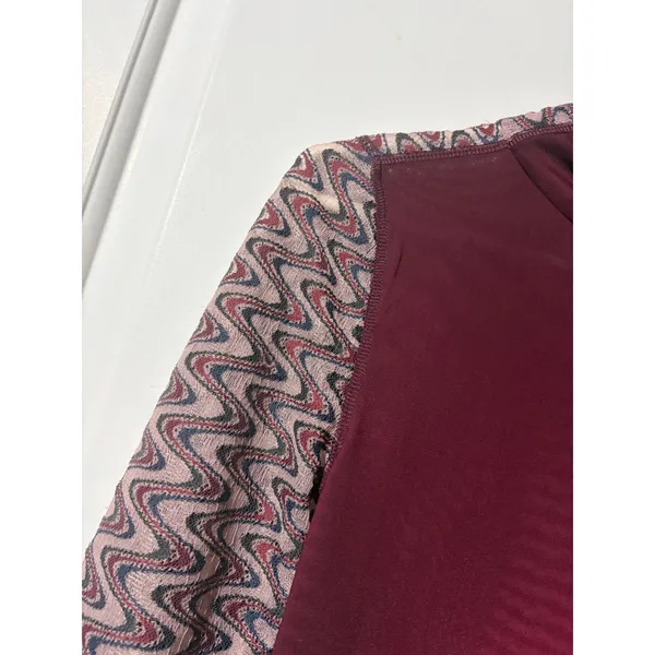 Free People Burgundy Mesh Mock Neck Top Chevron Lace‎ Long Sleeve Small - Image 5