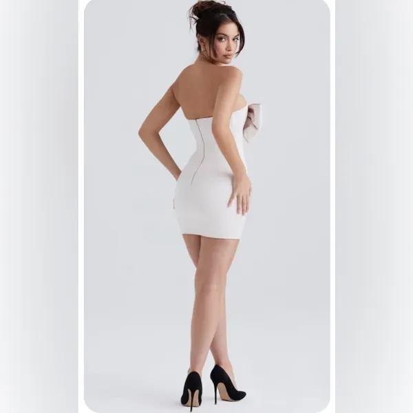 NWT House of CB Ariella Cream Satin‎ Crystal Embellished Bow Dress Size M $269 - Image 3