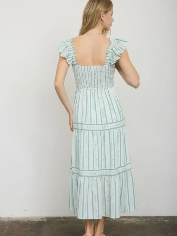 Blu Pepper Stripe Floral Pattern Smocked Tiered Midi Dress Last One Size Large - Image 4