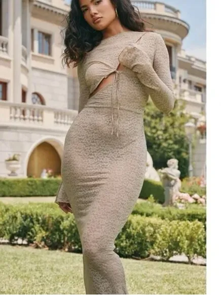 House of CB Giovanna Taupe Tie-Front Cutout Long Sleeve Maxi Dress - Image 3