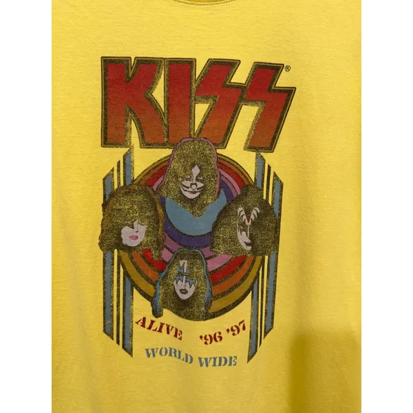 KISS Tee L Alive 96 97 World Wide Tour Graphic Yellow Short Sleeve Rock Band - Image 9