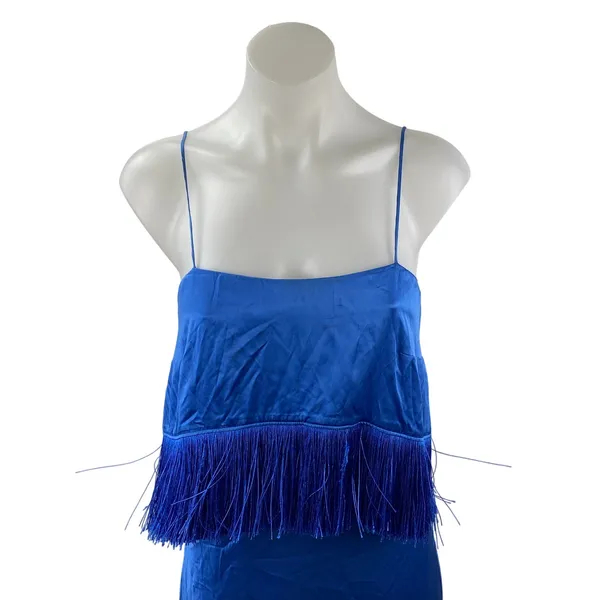 Cinq a Sept Blue Silk Satin Fringe Sleeveless Slit Cami Blouson Midi Dress Sz M - Image 2