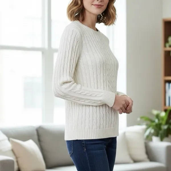 LL Bean Ivory Pullover Cable Crew‎ Neck Long Sleeve Cotton Sweater Size MEDIUM - Image 2