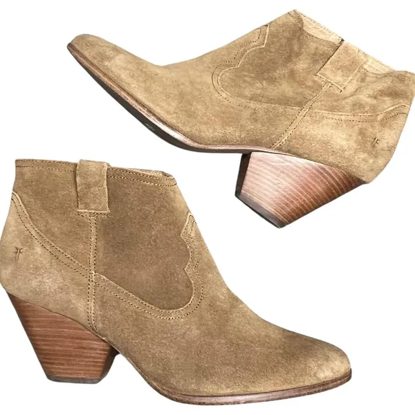 Frye‎ Reina Ankle Boots 10 Cognac Suede Western Ankle Zip Stacked Heel Booties - Image 6