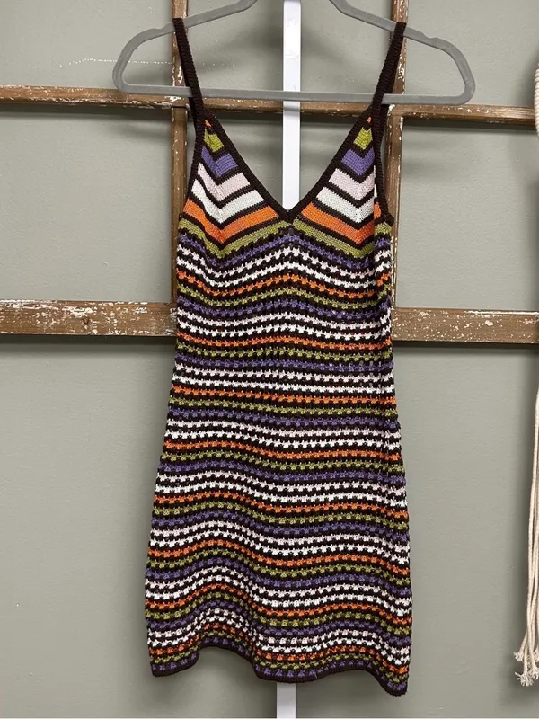 Boho Crochet Knit Mini Dress Striped Festival Y2K Indie Size M - Image 5