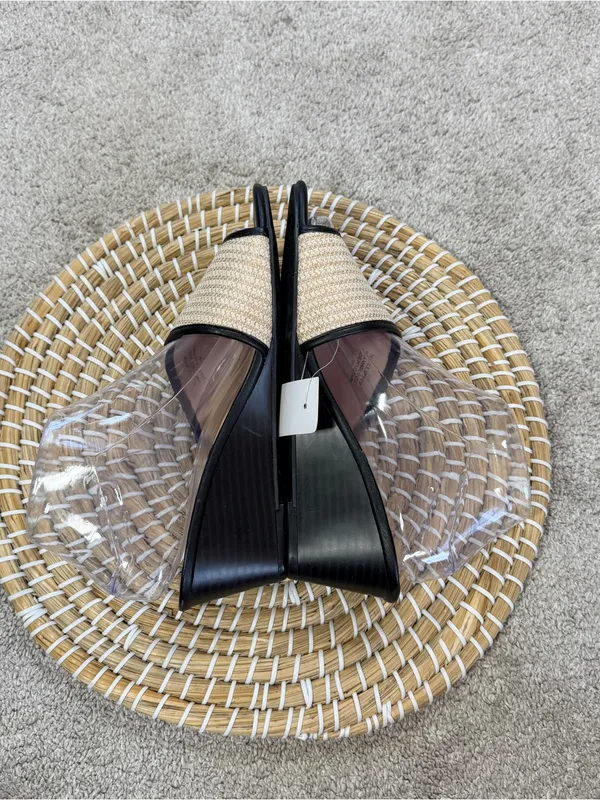 Ann Taylor Factory Women’s Slip-On Leather Raffia Wedge Sandals in Black Cream 8 - Image 6